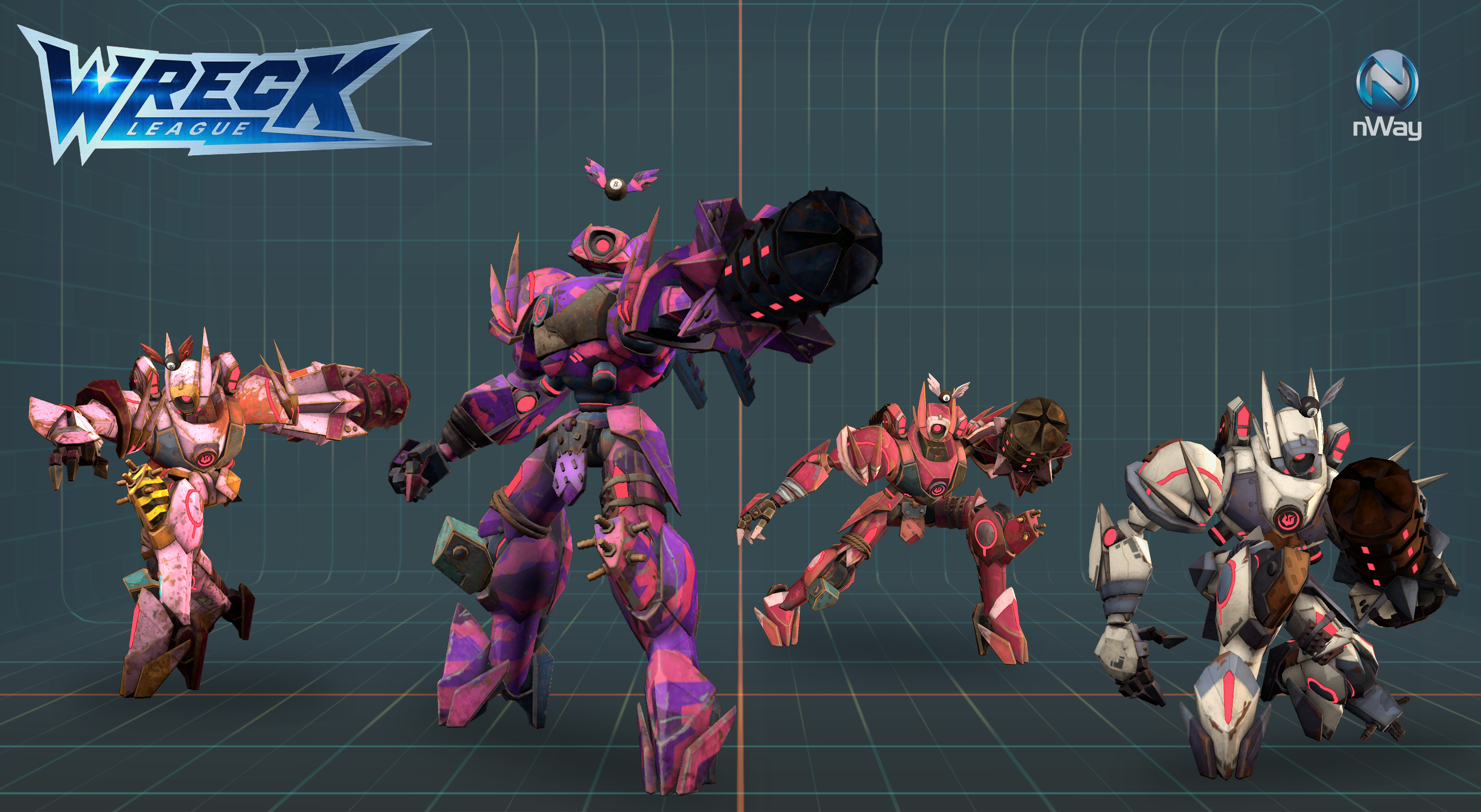 Wreck League — Hero Character — Kennel mech character with rifle, final textured turnaround